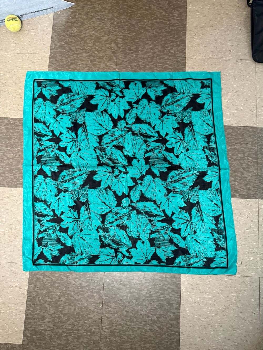 Vintage Silk Scarf Teal Black Leaf Print Square Neckwear